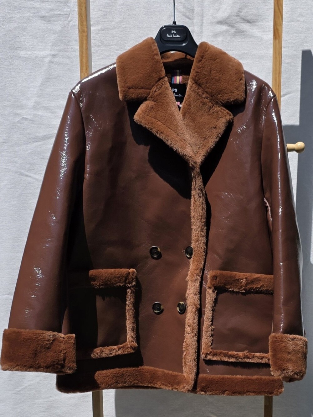 PS Paul Smith Faux Shearling Pea Coat Brown Women's Size 44 NWT